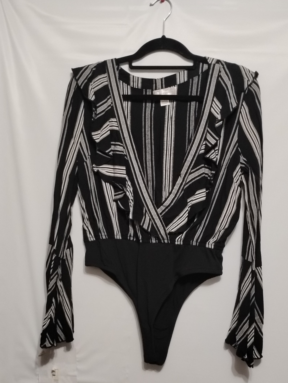 Band of Gypsies Black and White Striped Ruffles Deep V- Neck Body Blouse